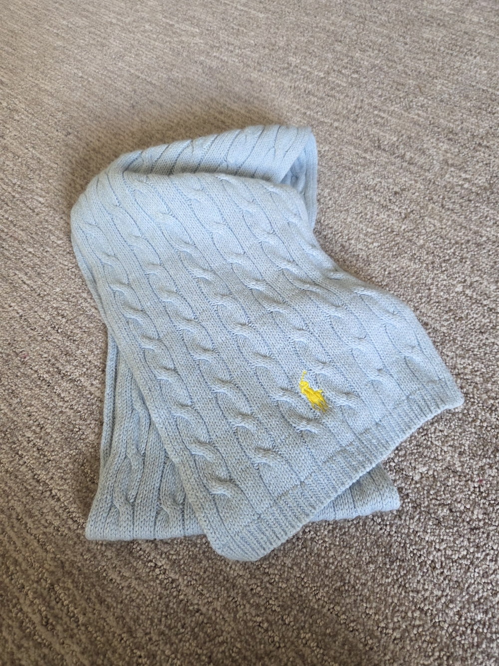 Ralph Lauren Polo Classic  Cable-Knit Baby Blue Scarf Yellow Pony Logo